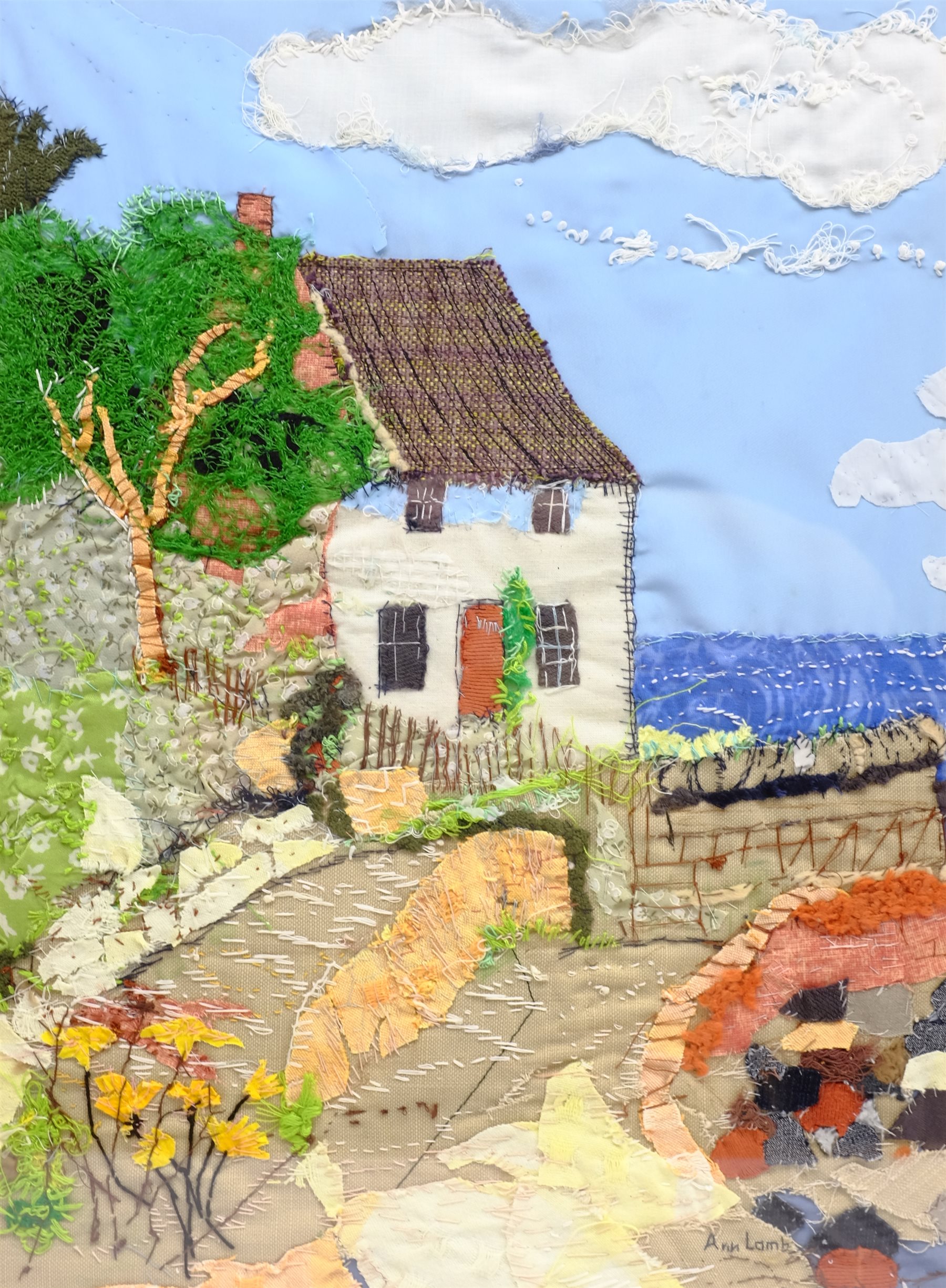 Ann Lamb (British 1955-): Lady Palmer's Cottage Runswick Bay, fabric and hand stitched collage, sign - Image 2 of 4