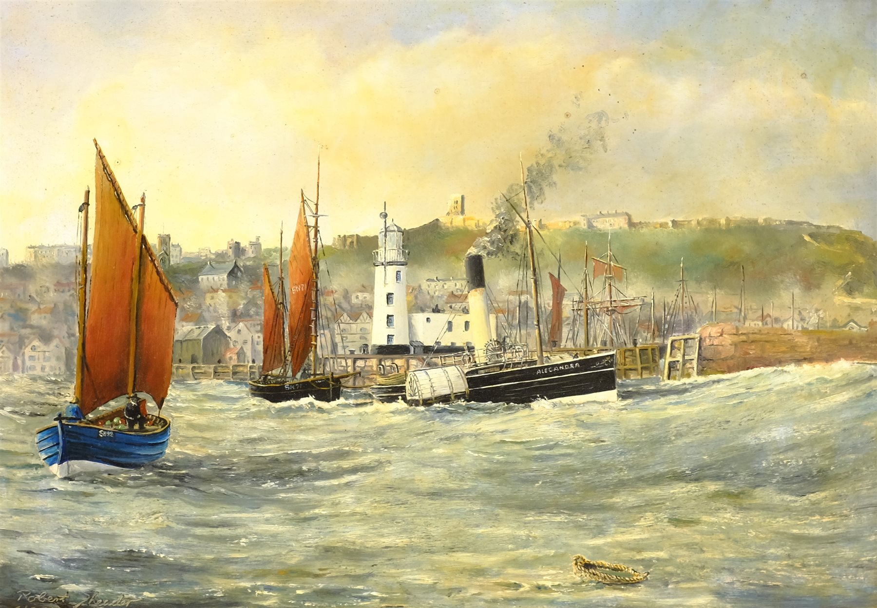 Robert Sheader (British 20th century): Steam Paddle and Fishing Boats outside Scarborough Harbour, - Image 2 of 4