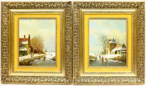 Dutch School (Mid/late 20th century): Winter Skating scenes, pair oils on panel indistinctly signed
