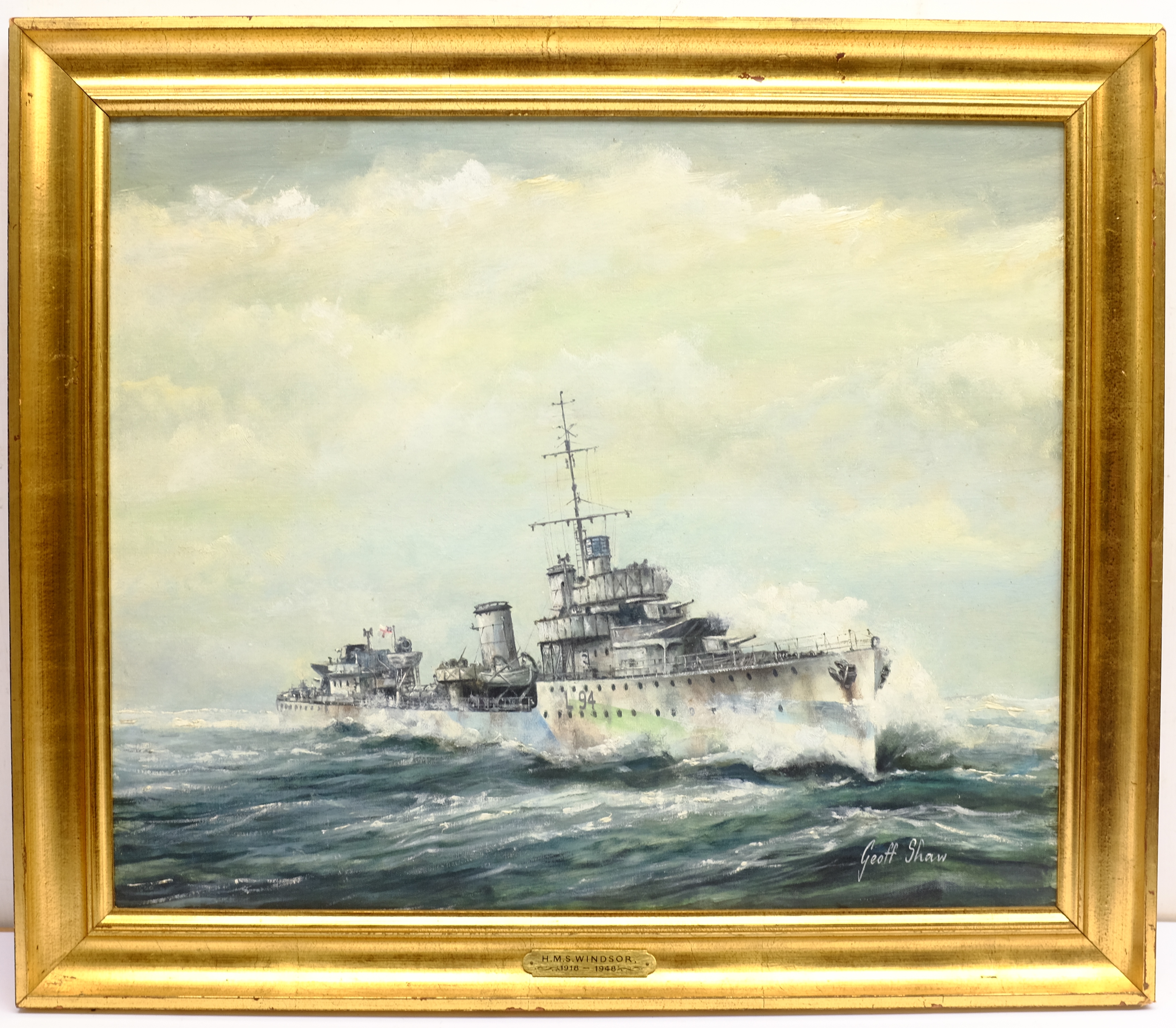 Geoff Shaw (British 1924-1992): 'H.M.S. Windsor' - Ship's Portrait, oil on board signed 49cm x 59cm - Image 4 of 4