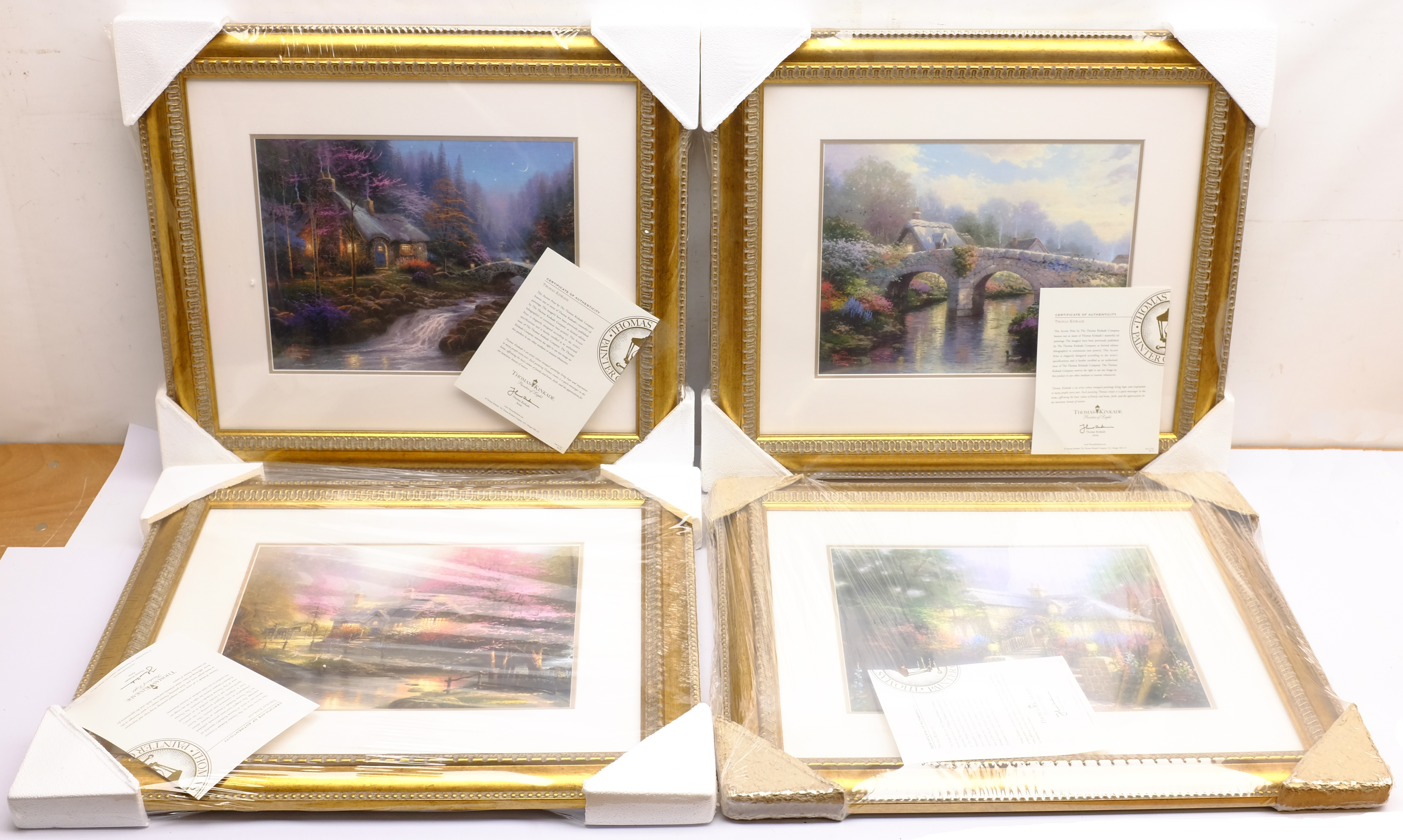 After Thomas Kinkade (American 1958-2012): Cottage and River scenes, set of six colour prints 28cm x