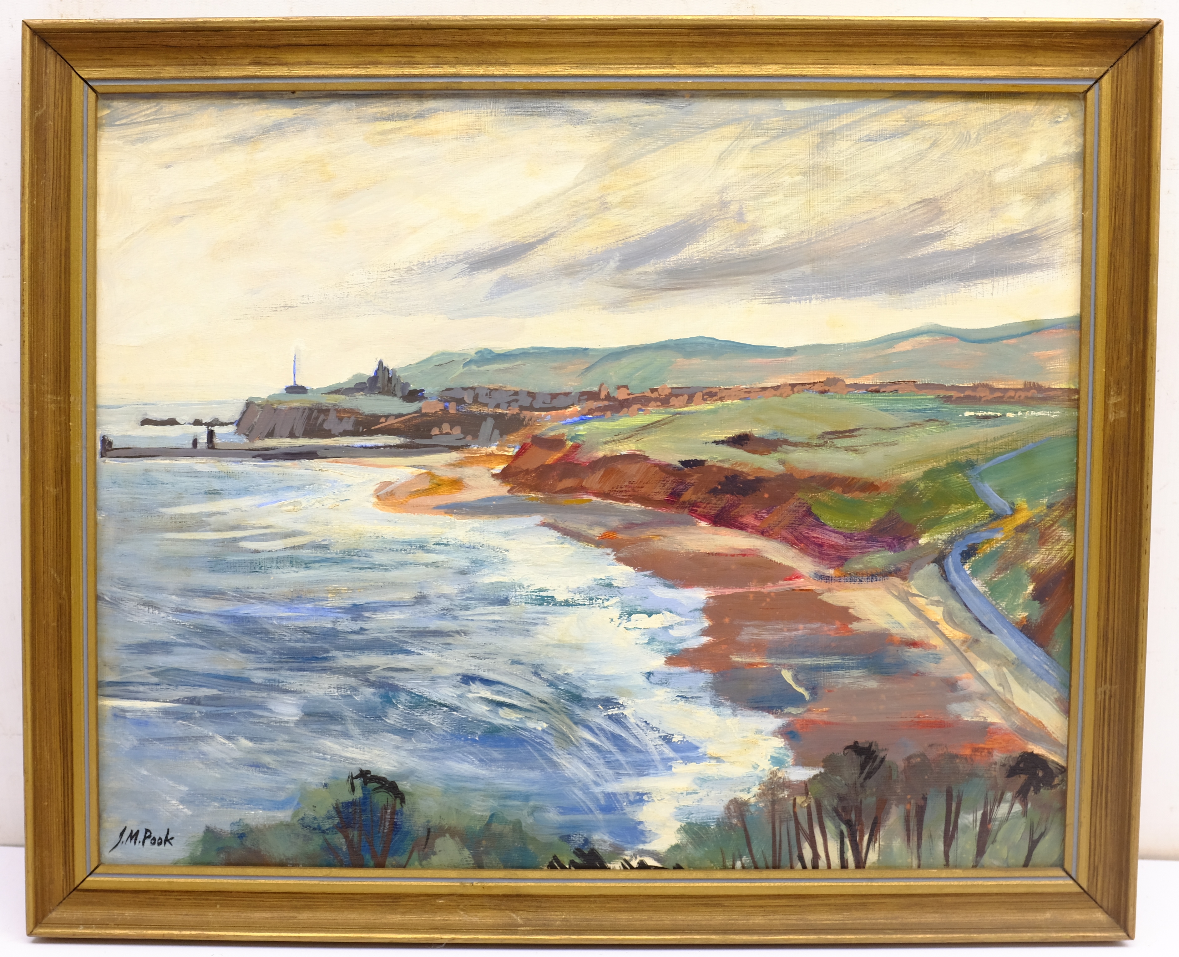 Joan M Pook (British 1927-2011): 'Whitby' from Lythe Bank, oil on board signed, title label verso 34 - Image 4 of 4