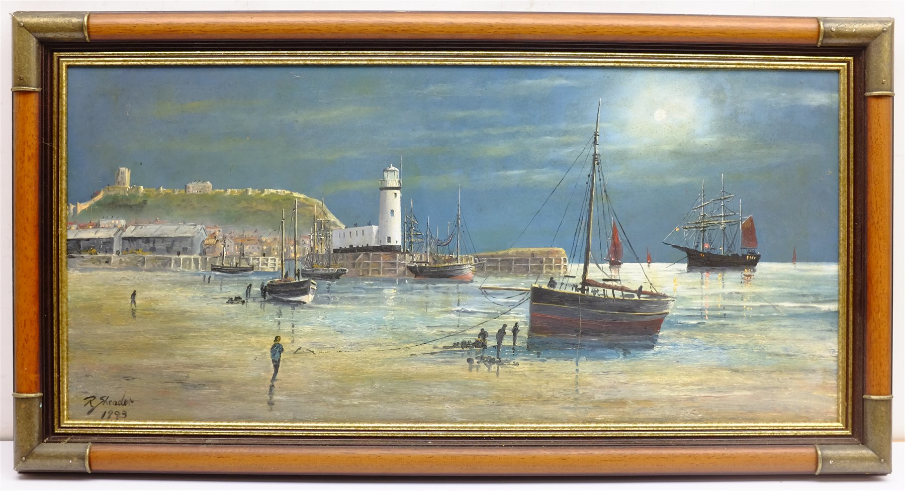 Robert Sheader (British 20th century): Fishing Boats on the Foreshore Scarborough by Moonlight, oil - Image 2 of 4