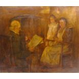 English School (Late 19th century): Father Reading the News to his Family, oil on canvas indistinctl