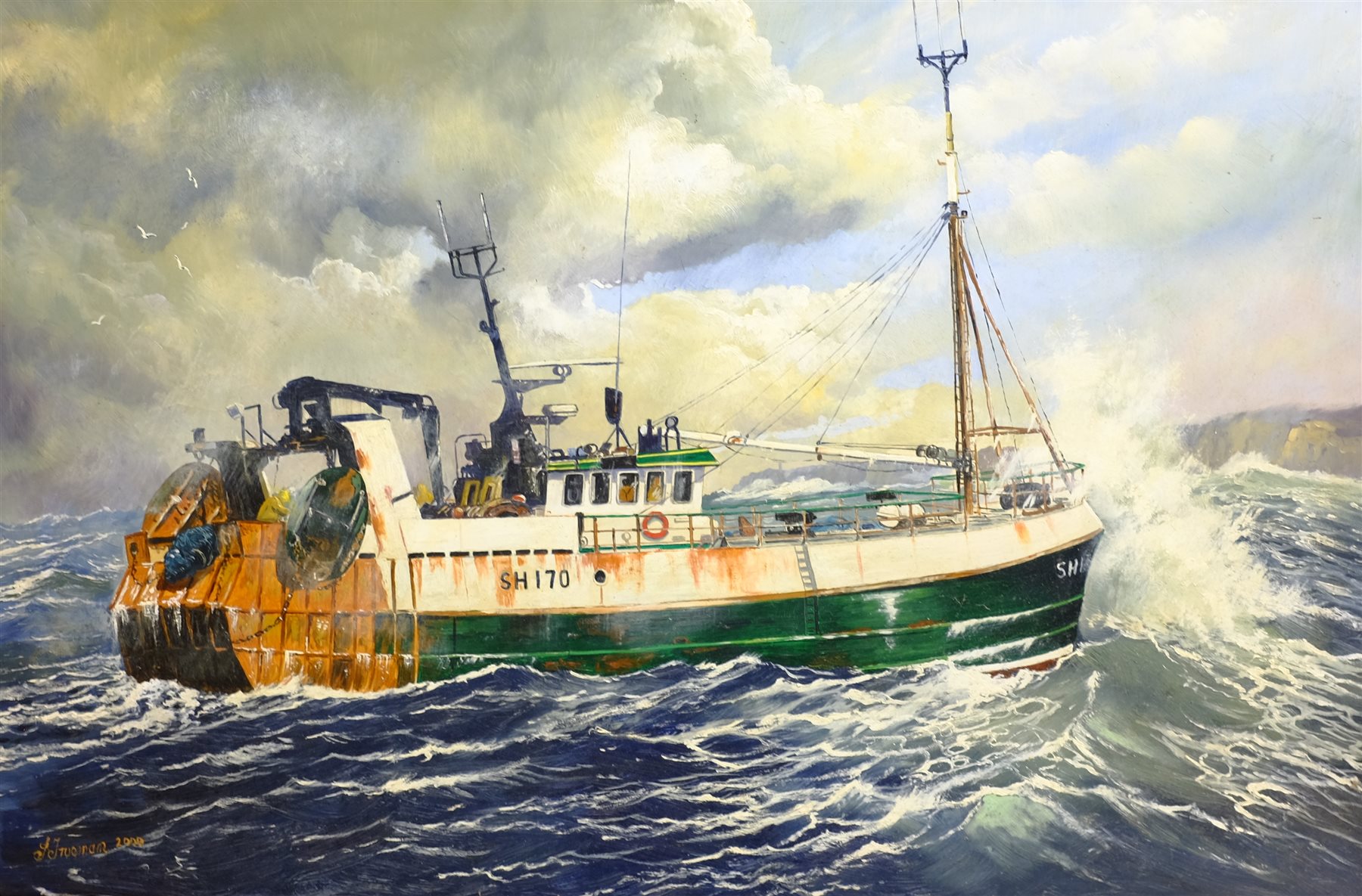 S Trueman (British 20th/21st century): Scarborough trawler 'The Maggie M' SH170, oil on board signed - Image 2 of 4