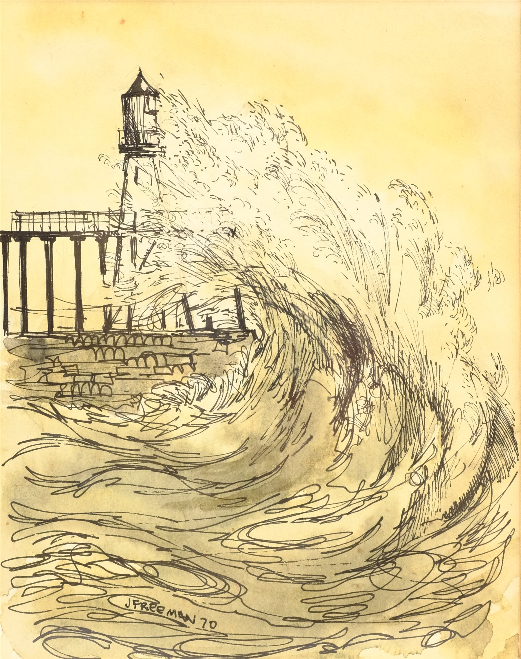 John Freeman (British 1942-): Waves Breaking onto Whitby Pier, ink and monochrome wash signed and da - Image 2 of 4