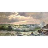 Guido Odierna (Italian 1913-1991): Waves Breaking on the Shore at Twilight, oil on canvas signed 59c
