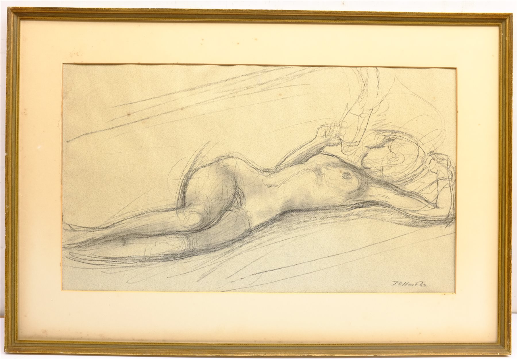 Continental School (20th century): Reclining Nude, pencil sketch indistinctly signed and dated '62, - Image 3 of 4