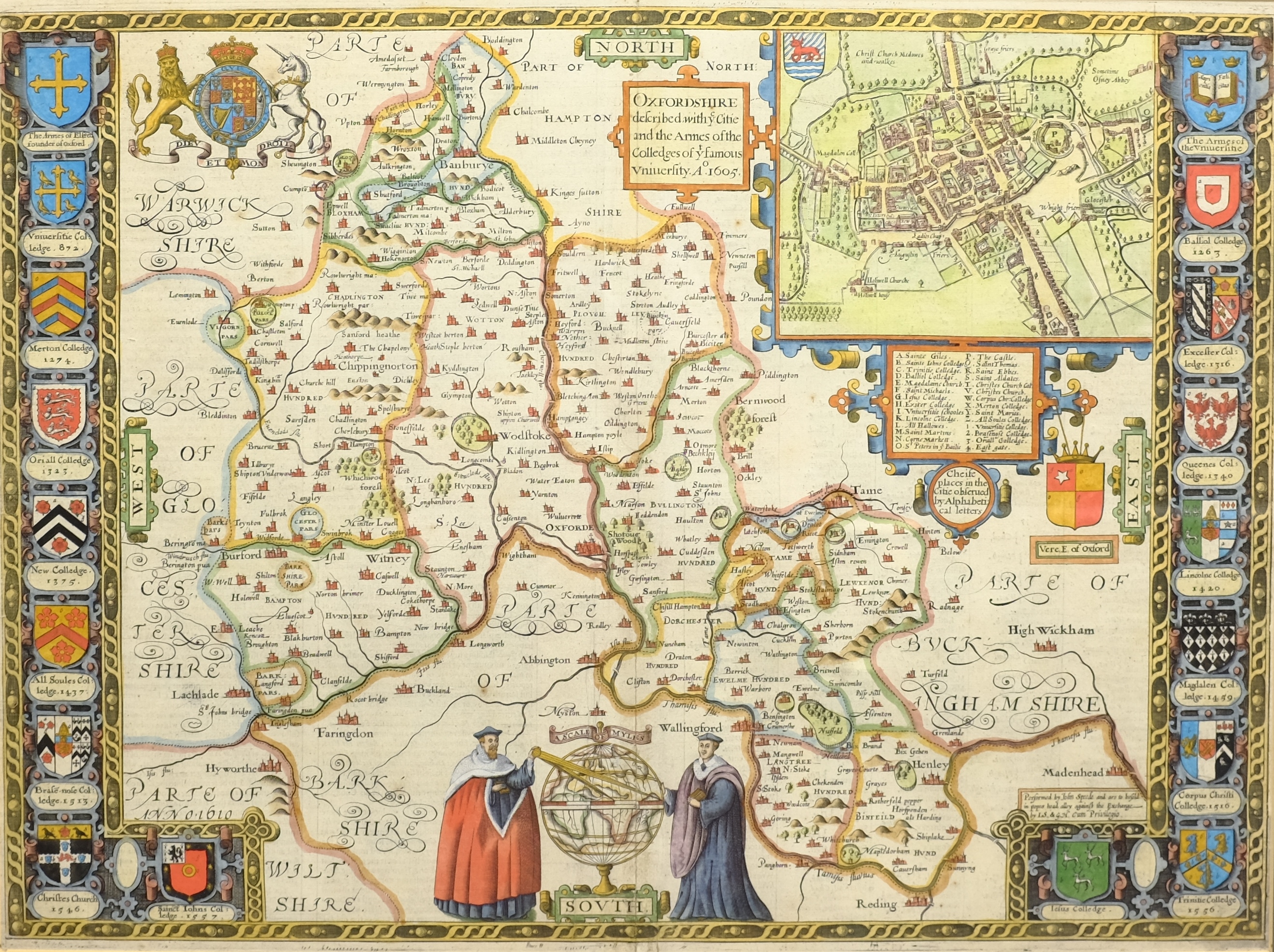 John Speed (British 1552-1629): 'Oxfordshire described with ye Citie and the Armes of the Colledges