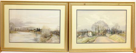 M A Burroughes (20th century): Rural Landscapes, pair watercolours signed 36cm x 56cm (2)