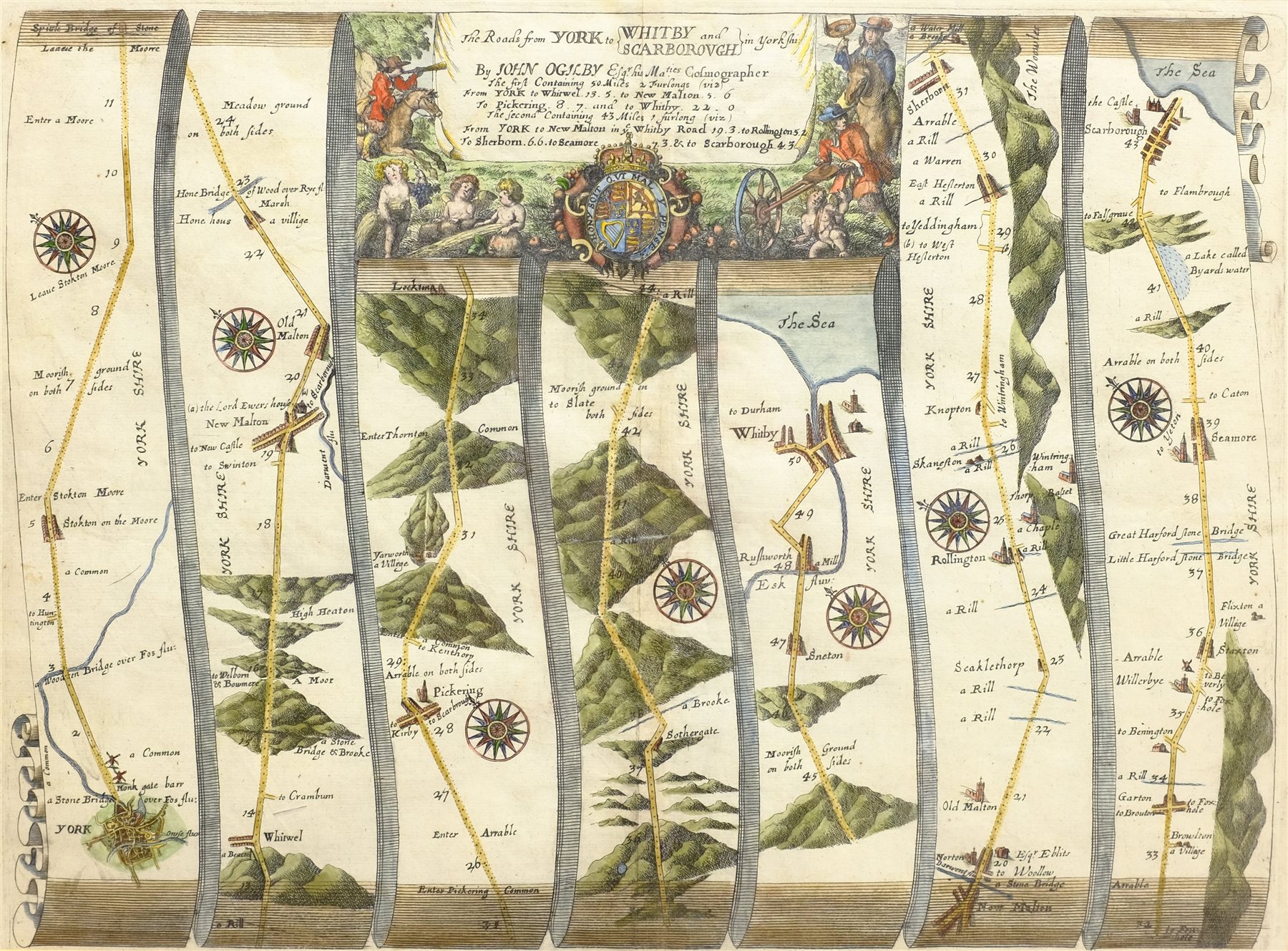 John Ogilby (British 1600-1676): 'The Roads from York to Whitby and Scarborough', engraved strip map - Image 2 of 4