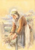 Attrib. James Hardy Snr (British 1801-1879): Elderly Woman Gathering Firewood, watercolour signed 'J