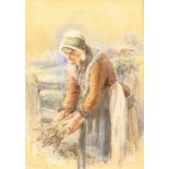 Attrib. James Hardy Snr (British 1801-1879): Elderly Woman Gathering Firewood, watercolour signed 'J