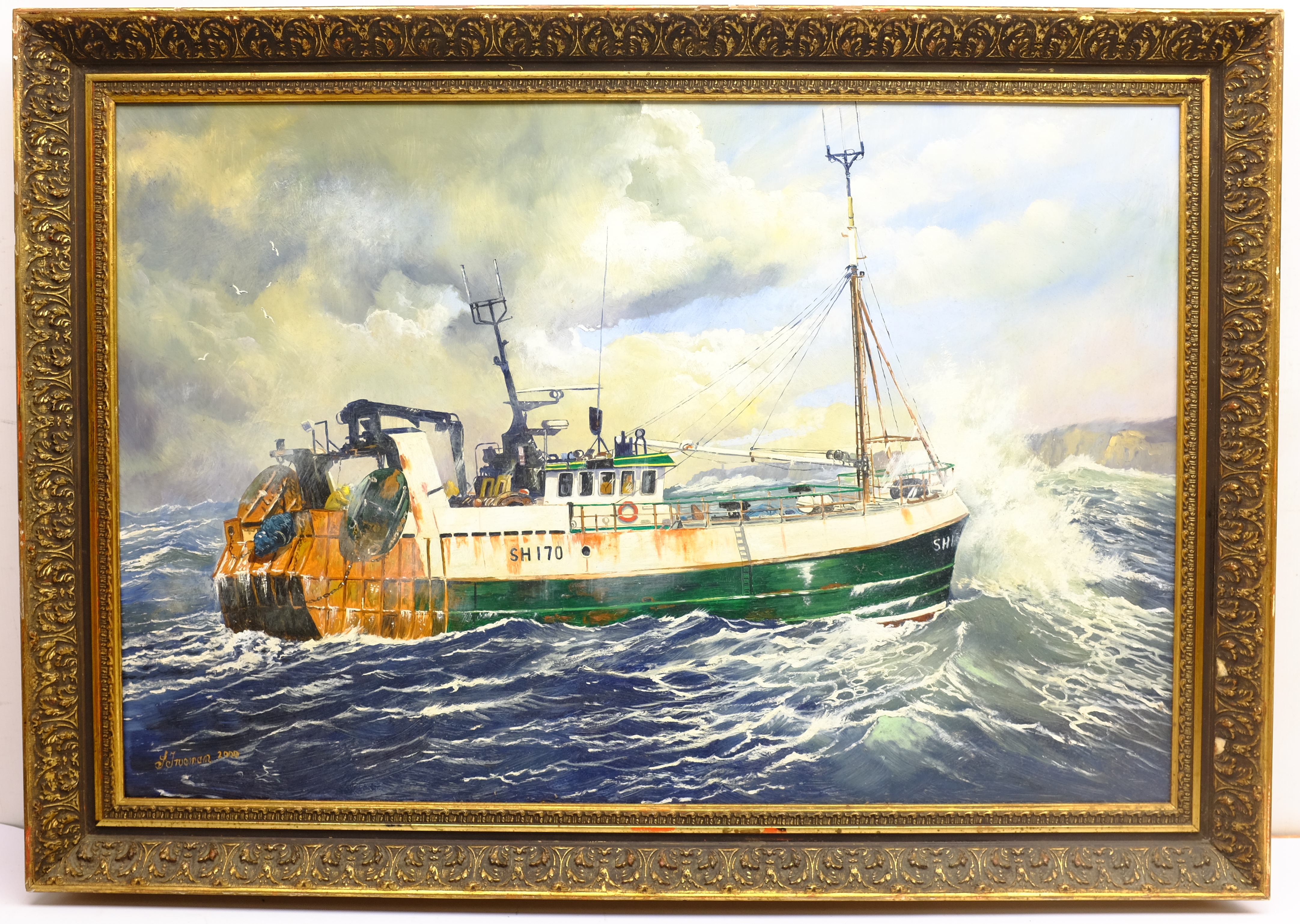 S Trueman (British 20th/21st century): Scarborough trawler 'The Maggie M' SH170, oil on board signed - Image 4 of 4