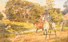 John Cecil Lund (British 1932-): Riding through the Village, watercolour signed 18cm x 29cm