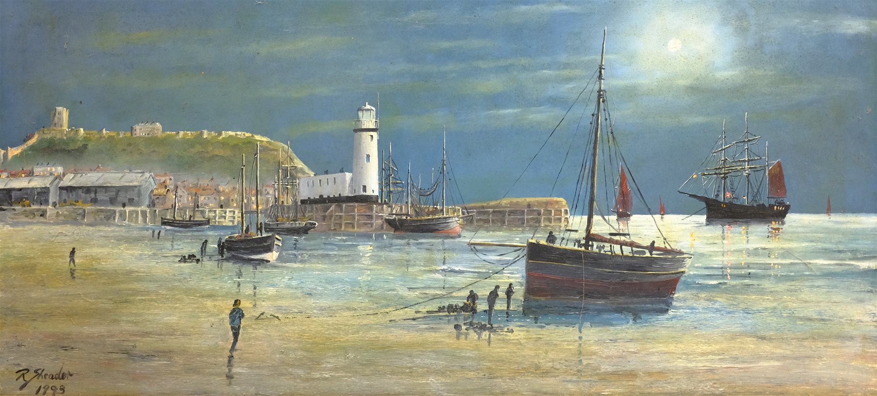 Robert Sheader (British 20th century): Fishing Boats on the Foreshore Scarborough by Moonlight, oil - Image 3 of 4