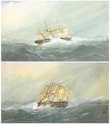 English School (Early 20th century): Ships in Rough Seas, pair watercolours unsigned 31cm x 53cm (2)
