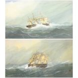 English School (Early 20th century): Ships in Rough Seas, pair watercolours unsigned 31cm x 53cm (2)