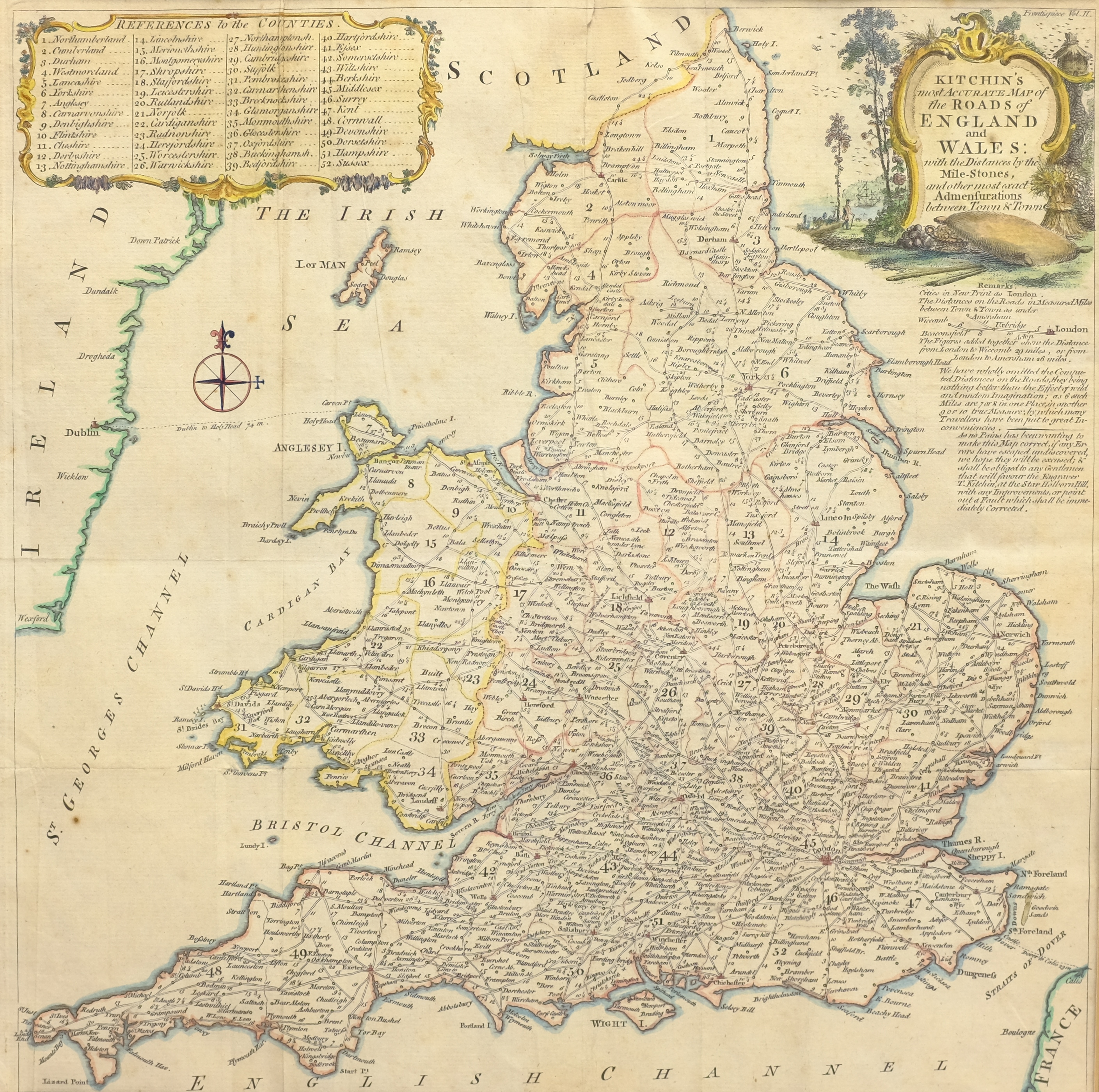 Thomas Kitchin (British 1719-1784): 'Most Accurate Map of the Roads of England and Wales with the Di