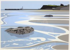 Ian Mitchell (British Contemporary): 'Whitby Piers', limited edition digital lithograph signed, titl