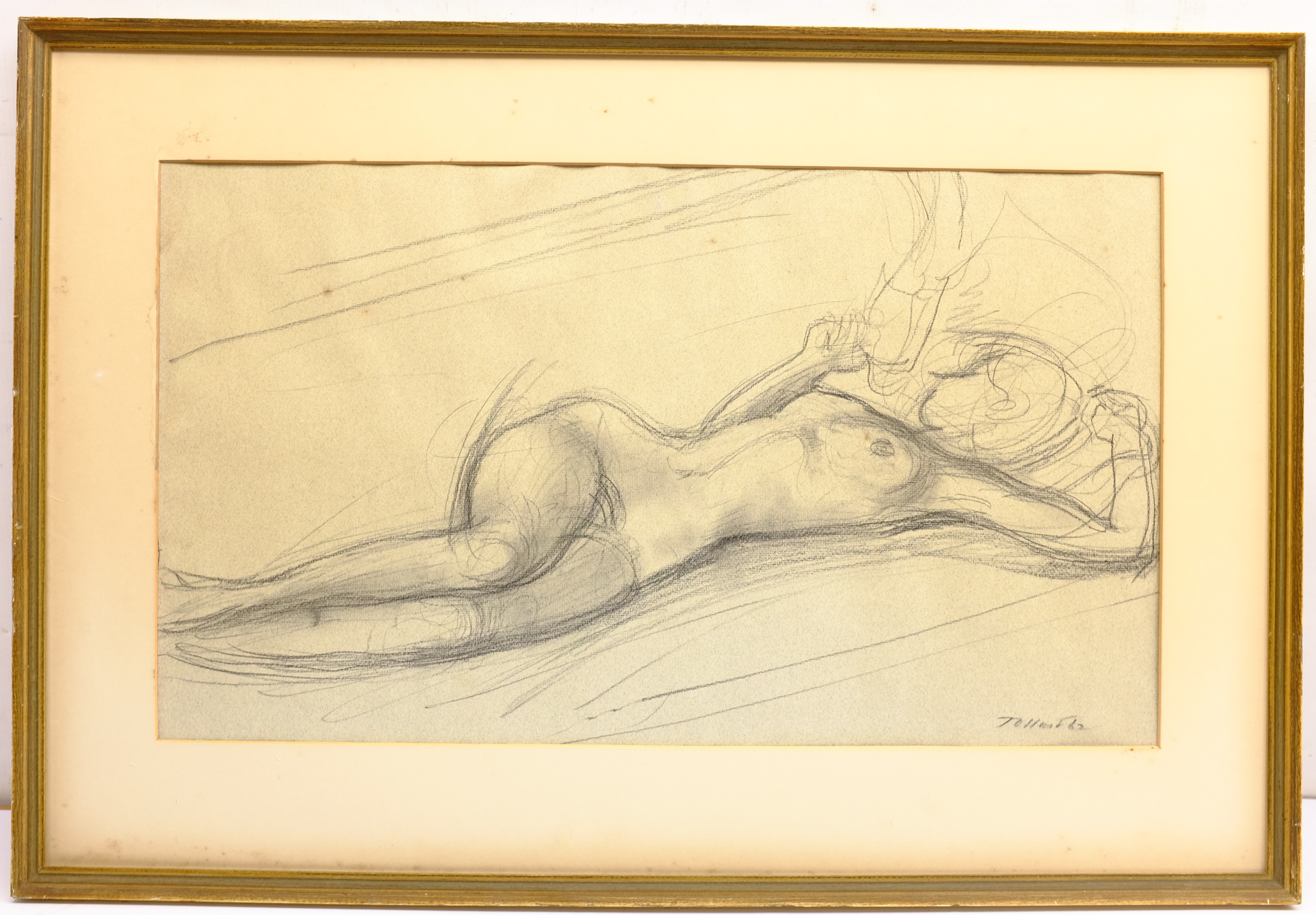 Continental School (20th century): Reclining Nude, pencil sketch indistinctly signed and dated '62, - Image 4 of 4
