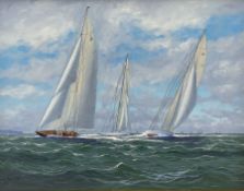 George Drury (British 1950-): 'Endeavour' 'Shamrock' and 'Astra' racing on the Solent