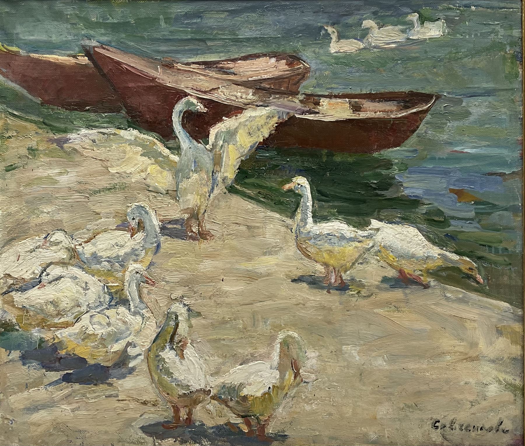 Maria Vladimirovna Savchenkova (Russian 1917-2015): 'Geese' on the Quayside