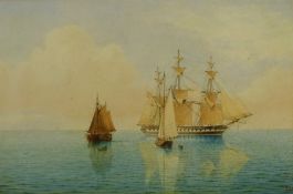 William Frederick Settle (British 1821-1897): British Frigate at Anchor with Sailing Barge in the fo