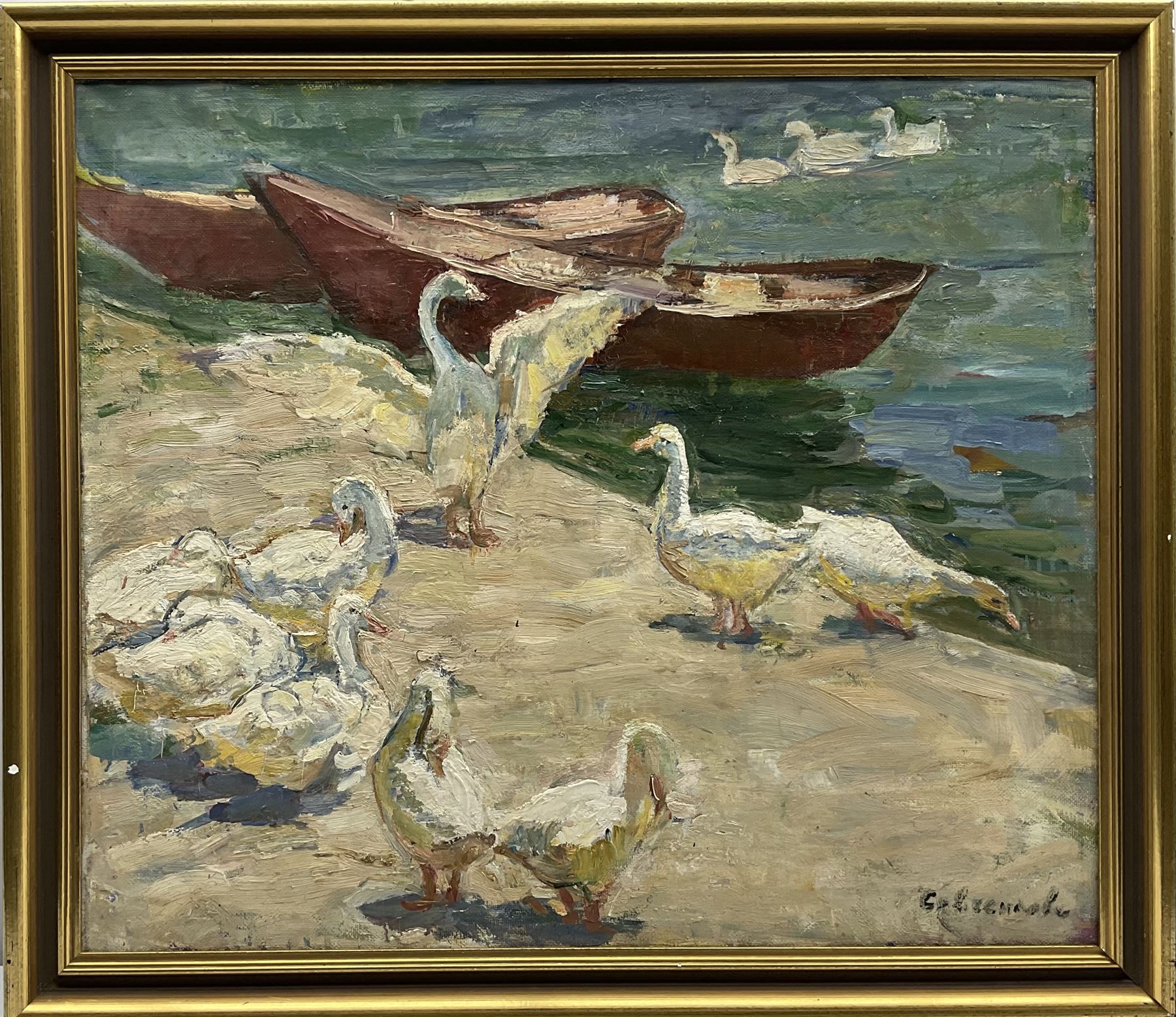 Maria Vladimirovna Savchenkova (Russian 1917-2015): 'Geese' on the Quayside - Image 2 of 4