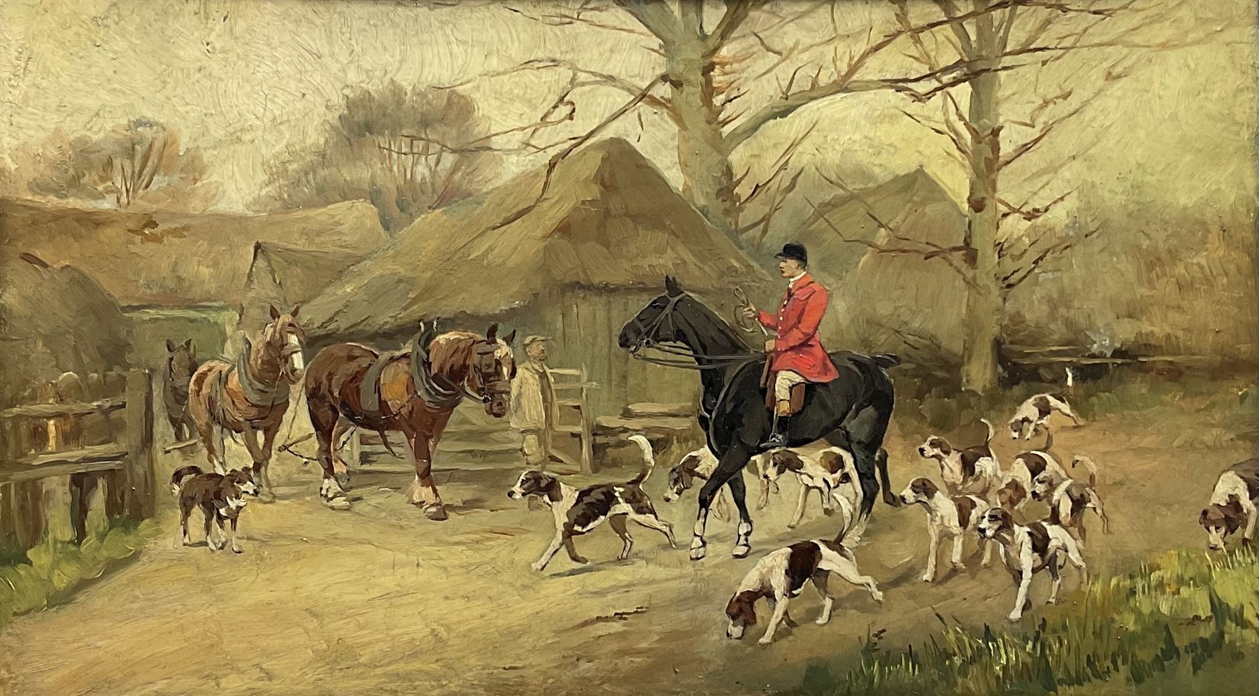 Attrib. George Wright (British 1860-1942): Huntsman and Hounds at the Farm Entrance