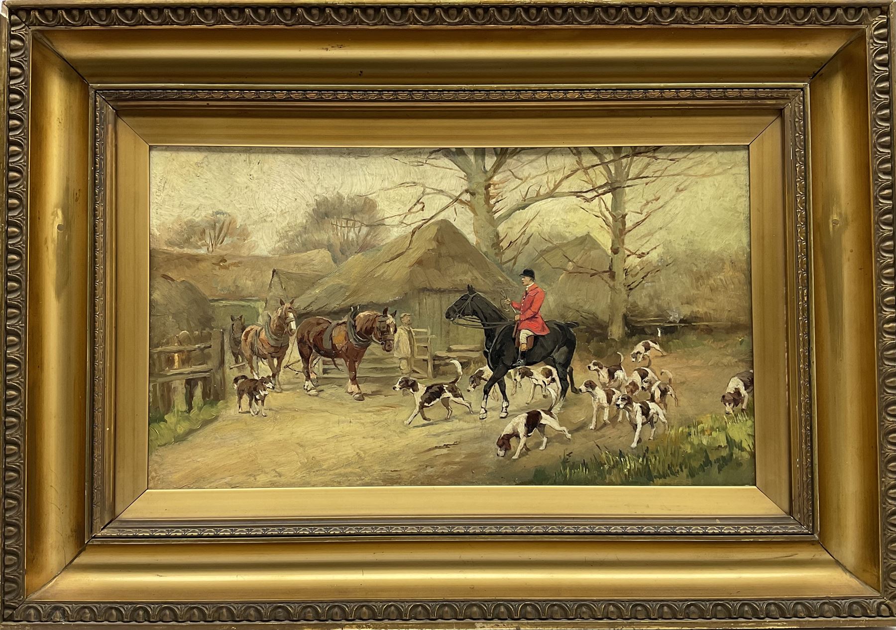 Attrib. George Wright (British 1860-1942): Huntsman and Hounds at the Farm Entrance - Image 2 of 3