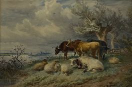 Attrib. Thomas Sydney Cooper (British 1803-1902): Cattle and Sheep grazing by the Riverside