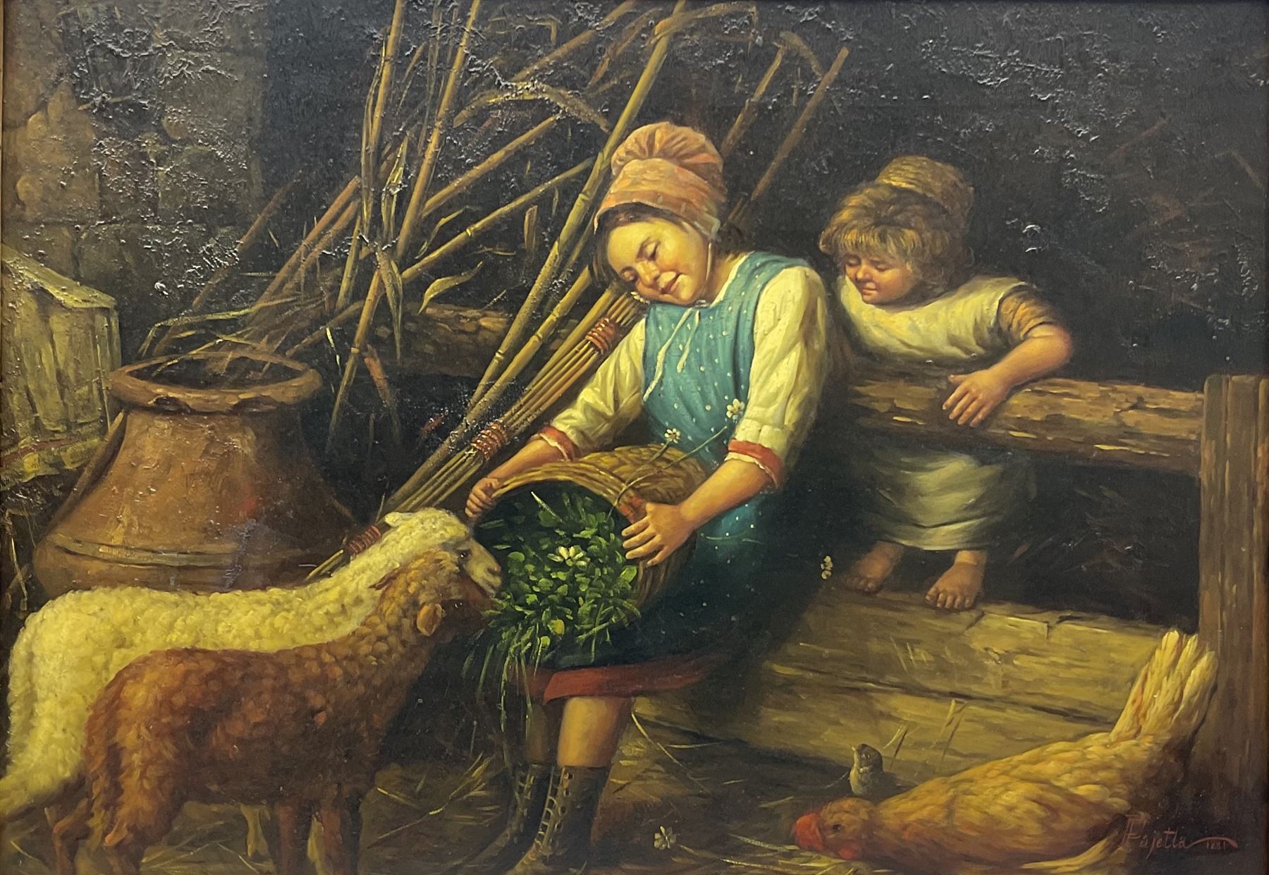 Pietro Pajetta (Italian 1845-1911): Children Feeding Lambs