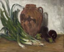 Neil Tyler (British 1945-): Still Life 'Leeks and Spanish Pot'