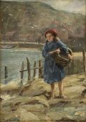 Percy Morton Teasdale (Staithes Group 1870-1961): Fishergirl at the foot of Cowbar Nab with Staithes