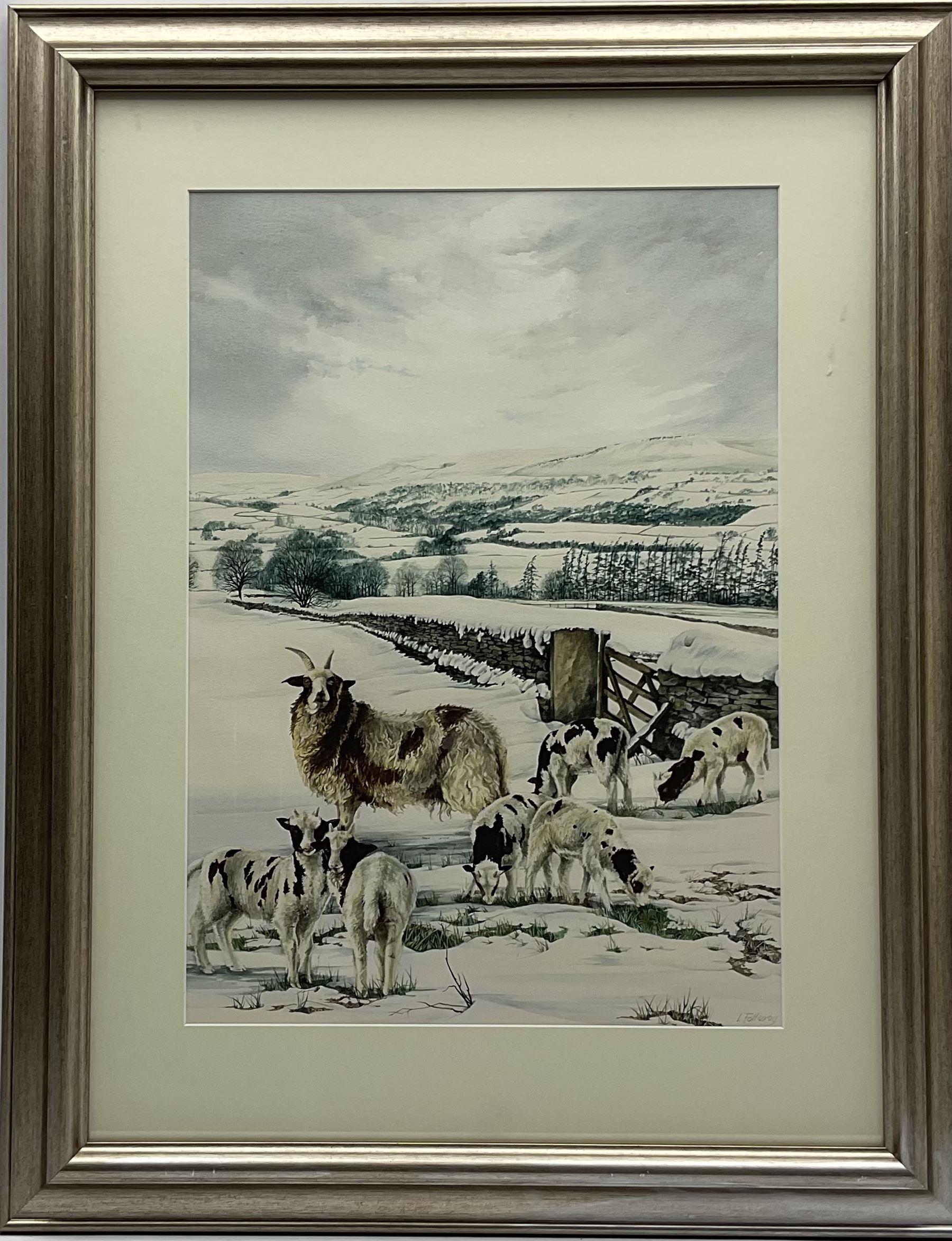 Lesley Fotherby (British 1946-): Jacob Sheep in Winter Dales Landscape - Image 2 of 4