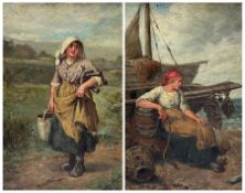 Charlotte M Noble (British exh.1880-1897): The Fisherwoman and the Milkmaid