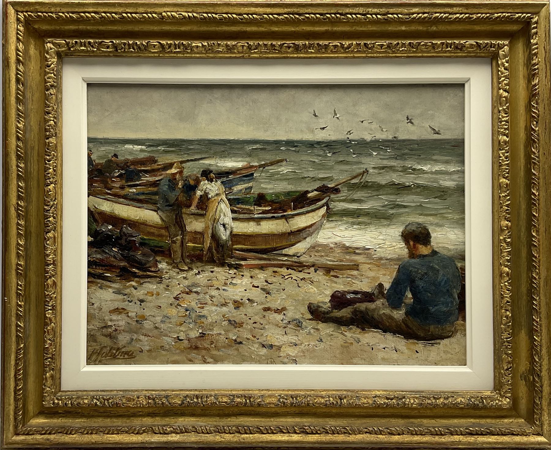 Robert Jobling (Staithes Group 1841-1923): Fishermen with their Boats at Staithes - Image 2 of 4