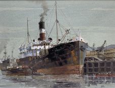 Colin Verity RSMA (British 1924-2011): 'Timber from the Baltic' - Steamer in the Old Victoria Dock H