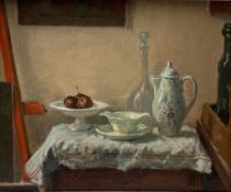 Shig*** (Continental 20th century): Still Life of Ceramics and Glassware