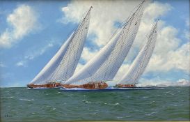 George Drury (British 1950-): 'Endeavour' 'Velsheda' and 'Shamrock' racing on the Solent