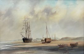 David C Bell (British 1950-): 'A Yorkshire Coastal Scene' - Vessels at Low Tide