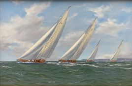 George Drury (British 1950-): 'Yankee and Velsheda' with 'Shamrock and Endeavour' trailing