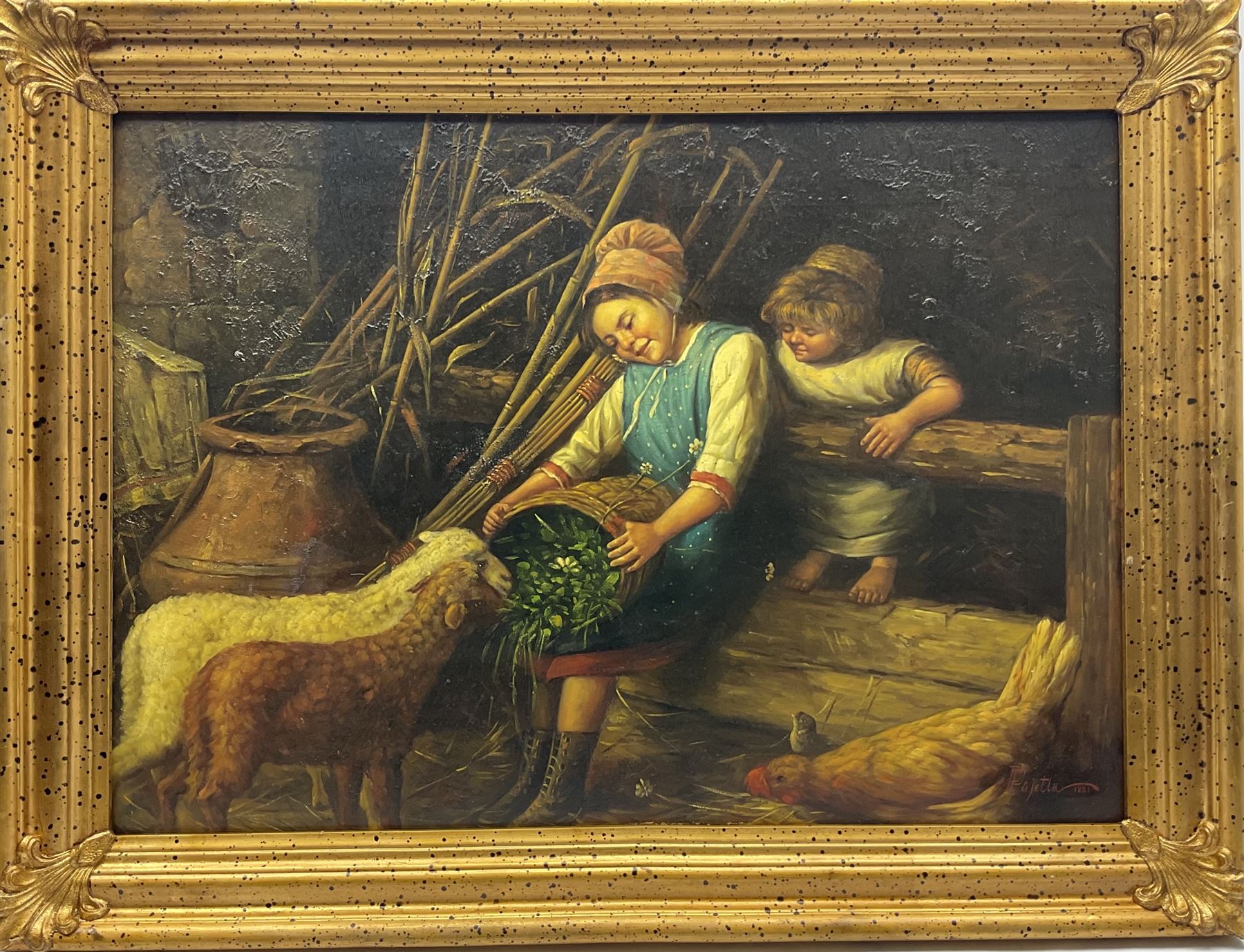 Pietro Pajetta (Italian 1845-1911): Children Feeding Lambs - Image 4 of 4