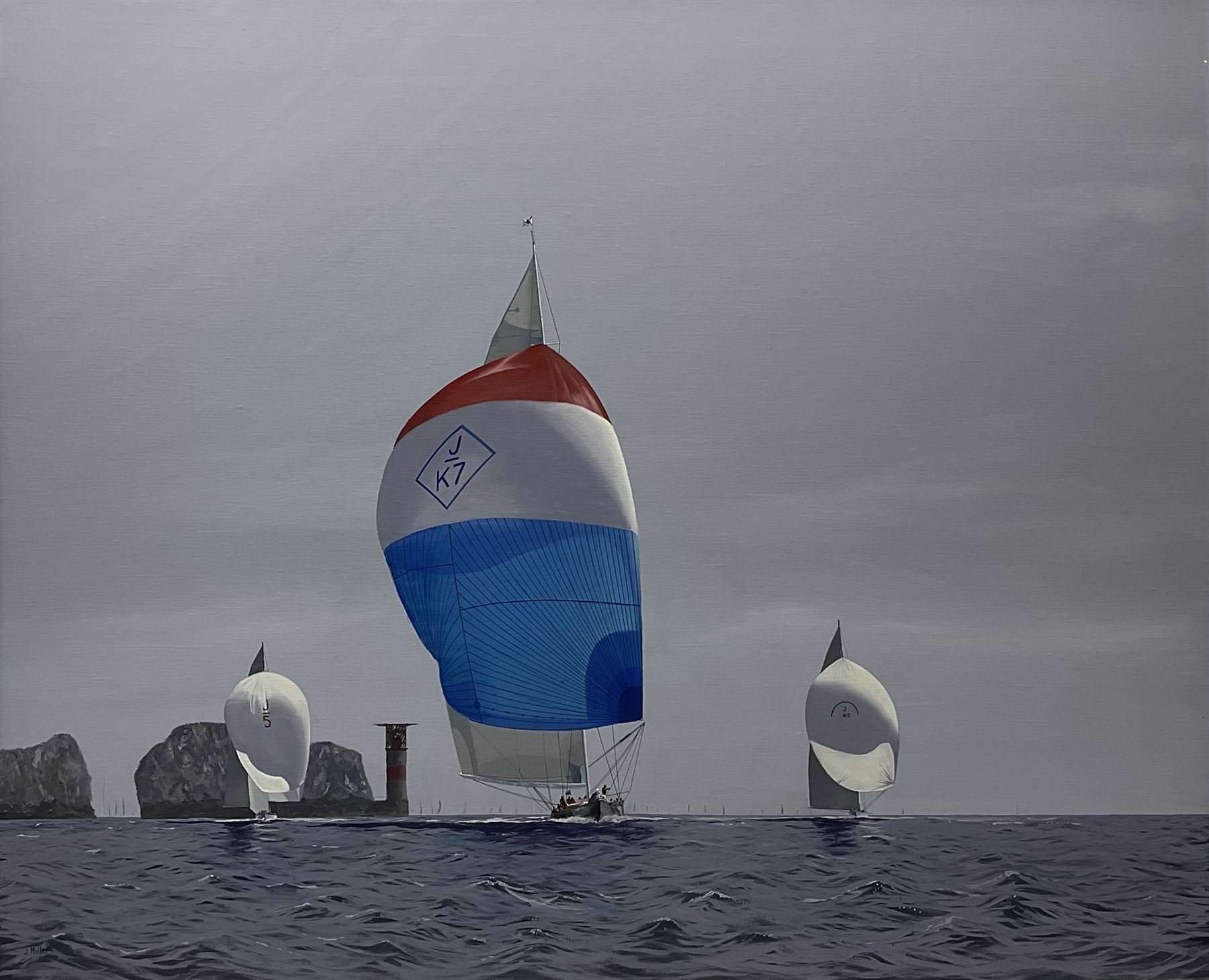 James Miller (British 1962-): J Class Yachts 'Ranger' 'Velsheda' & 'Rainbow' passing the Needles 201