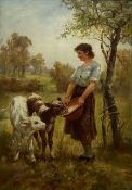 Frederick (Fred) Morgan ROI (British 1847-1927): Young Girl Feeding Calves