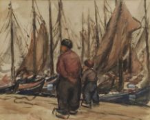 Frederic Stuart Richardson (Staithes Group 1855-1934): Figures on a Dutch Waterfront