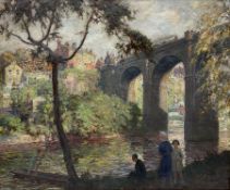 Frederick (Fred) Stead (British 1863-1940): Knaresborough with a Steam Train crossing the Viaduct