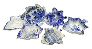 Six late 18th/early 19th century blue and white printed pickle dishes, to include two Wedgwood examp