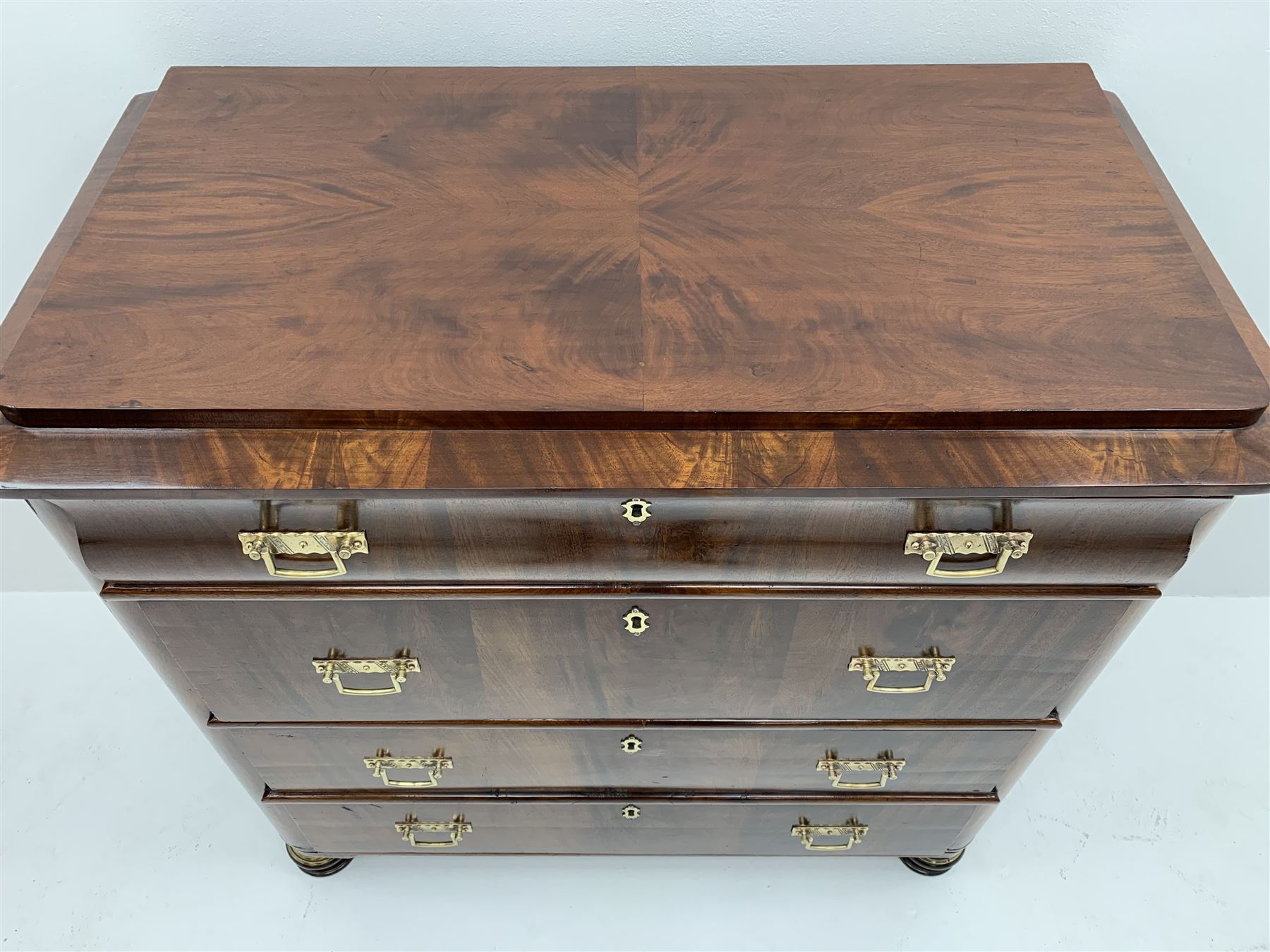 19th century figured mahogany chest, stepped rectangular top with quarter matched veneers and rounde - Image 5 of 5